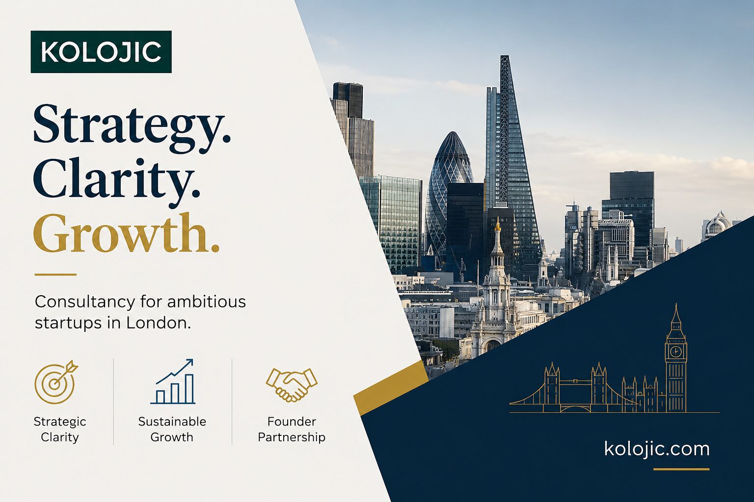 Expert consultancy startup London — KOLOJIC business consultant poster, featuring working with a London founders on market strategy