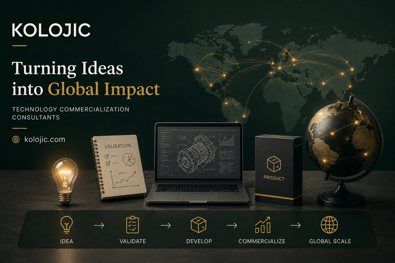 Kolojic startup HR consultancy visual featuring a modern London business setting, hiring, onboarding and growth concepts in Kolojic’s dark green and gold branding.