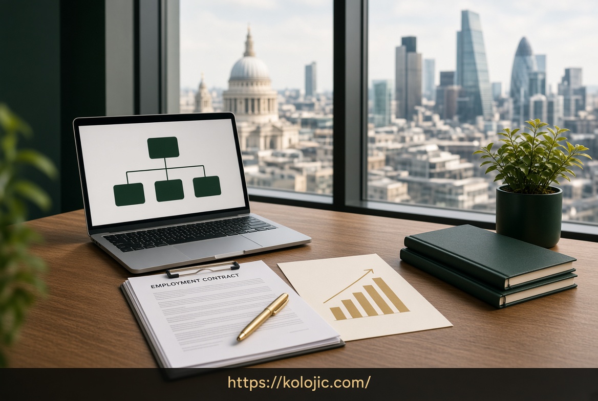 Modern London office desk with laptop showing organisational chart, employment contracts and growth documents, city skyline through the window, website kolojic.com