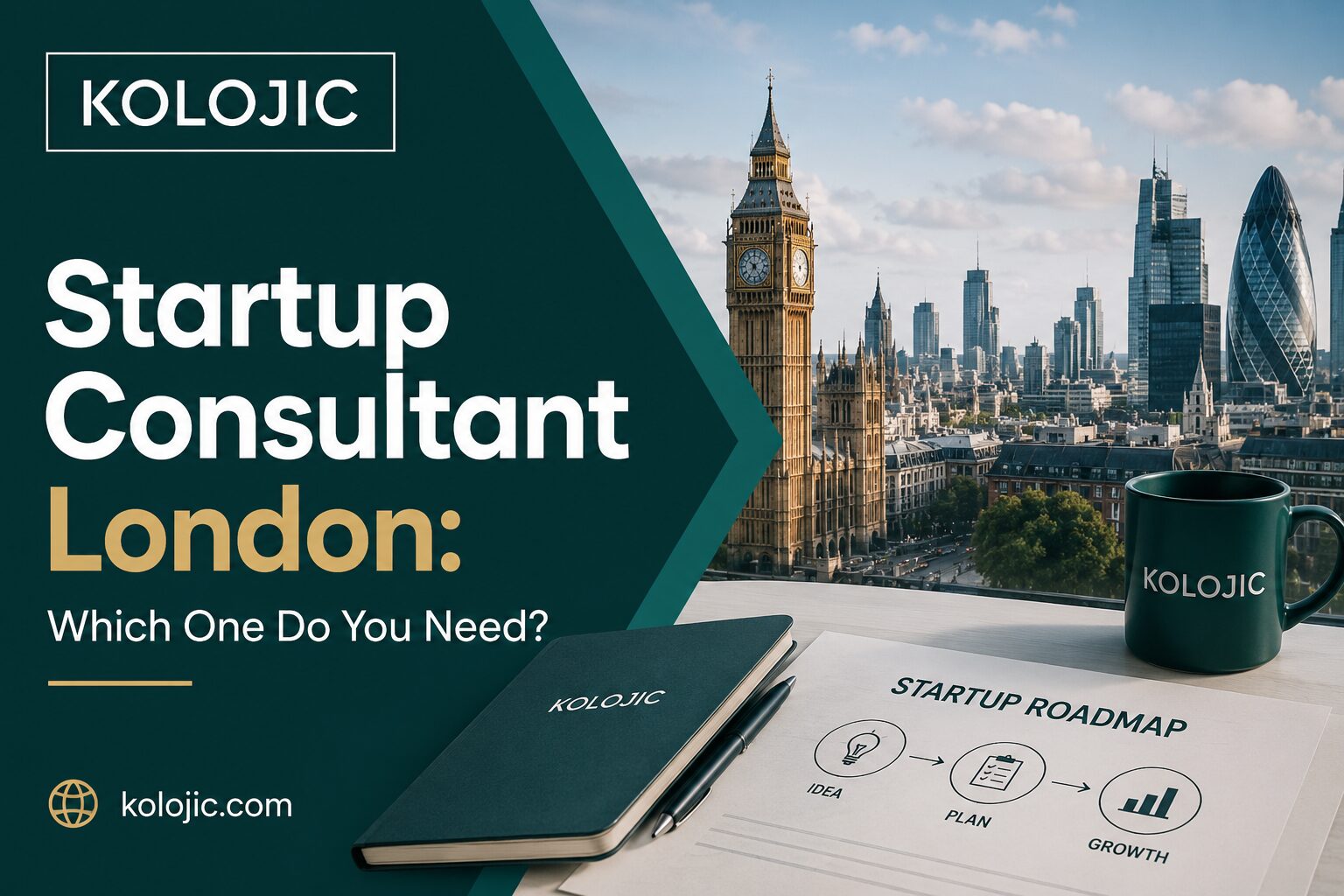 Founder reviewing a startup consultancy roadmap with a Kolojic start up consultant advisor in a London office on laptop.