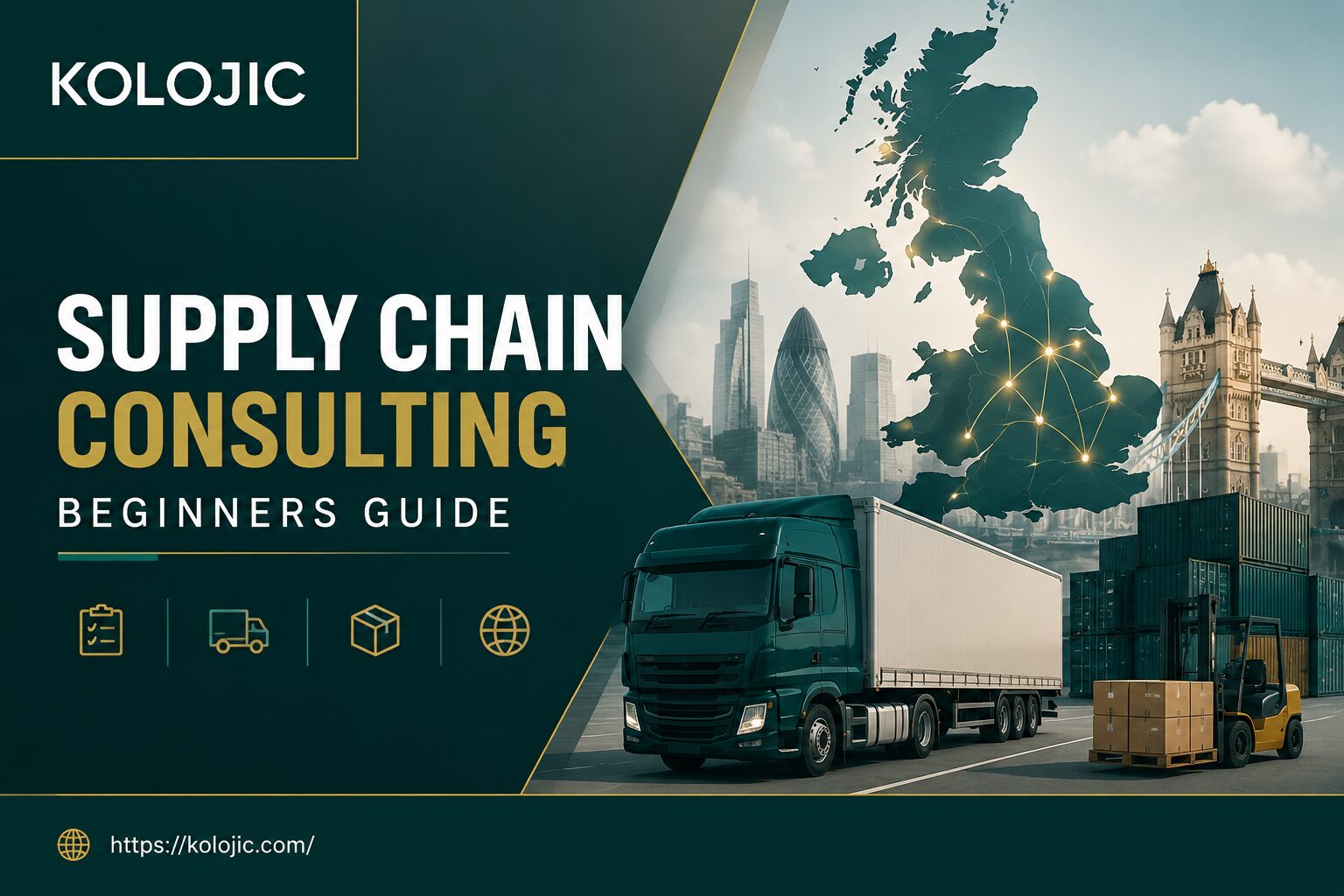 A poster telling about Kolojic company that are a UK supply chain consultant that are reviewing sourcing, manufacturing and logistics stages for a hardware product company startup