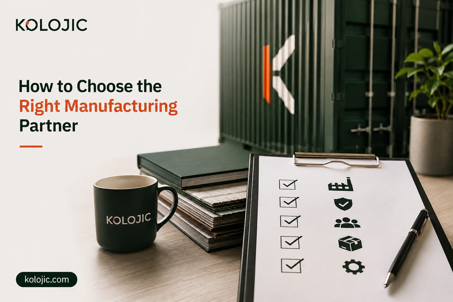 Checklist and manufacturing planning workspace illustrating how to choose the right manufacturing partner with KOLOJIC branding.